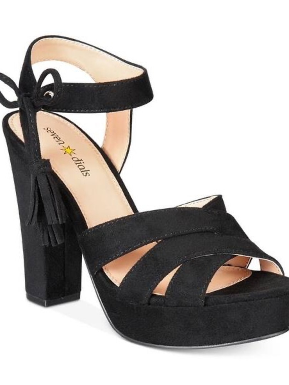 Seven Dials Black Suede Platform Block Heel Sandals with Tassel Ankle Tie